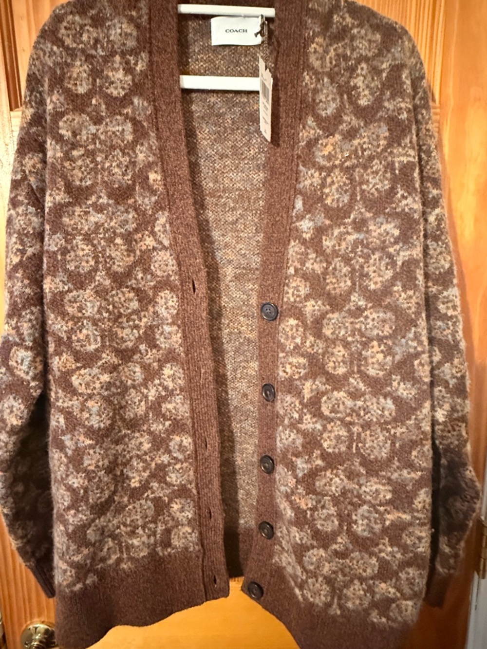 Coach Men's Brown Patterned Cardigan with Neutral Motif